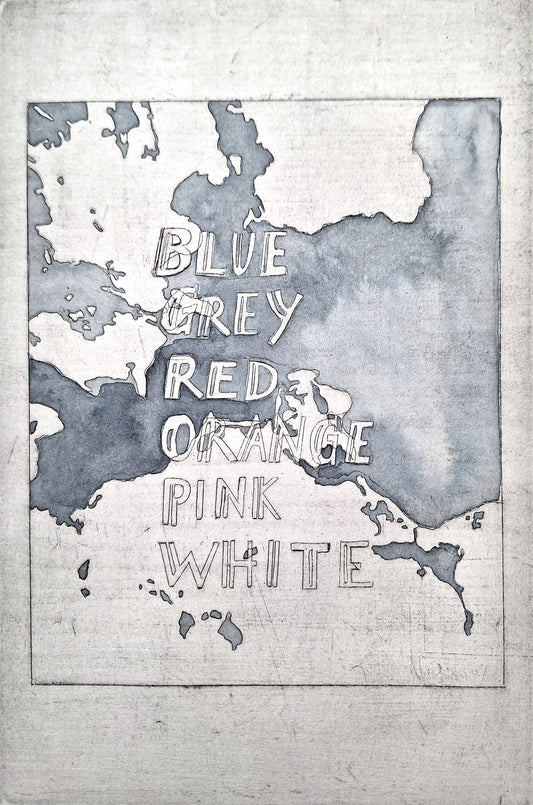 Etching "Blue Grey Red Orange Pink White"